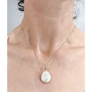 Sterling Silver Freshwater Large Oval Pearl Pendant 925 Box Chain, Gift For Her